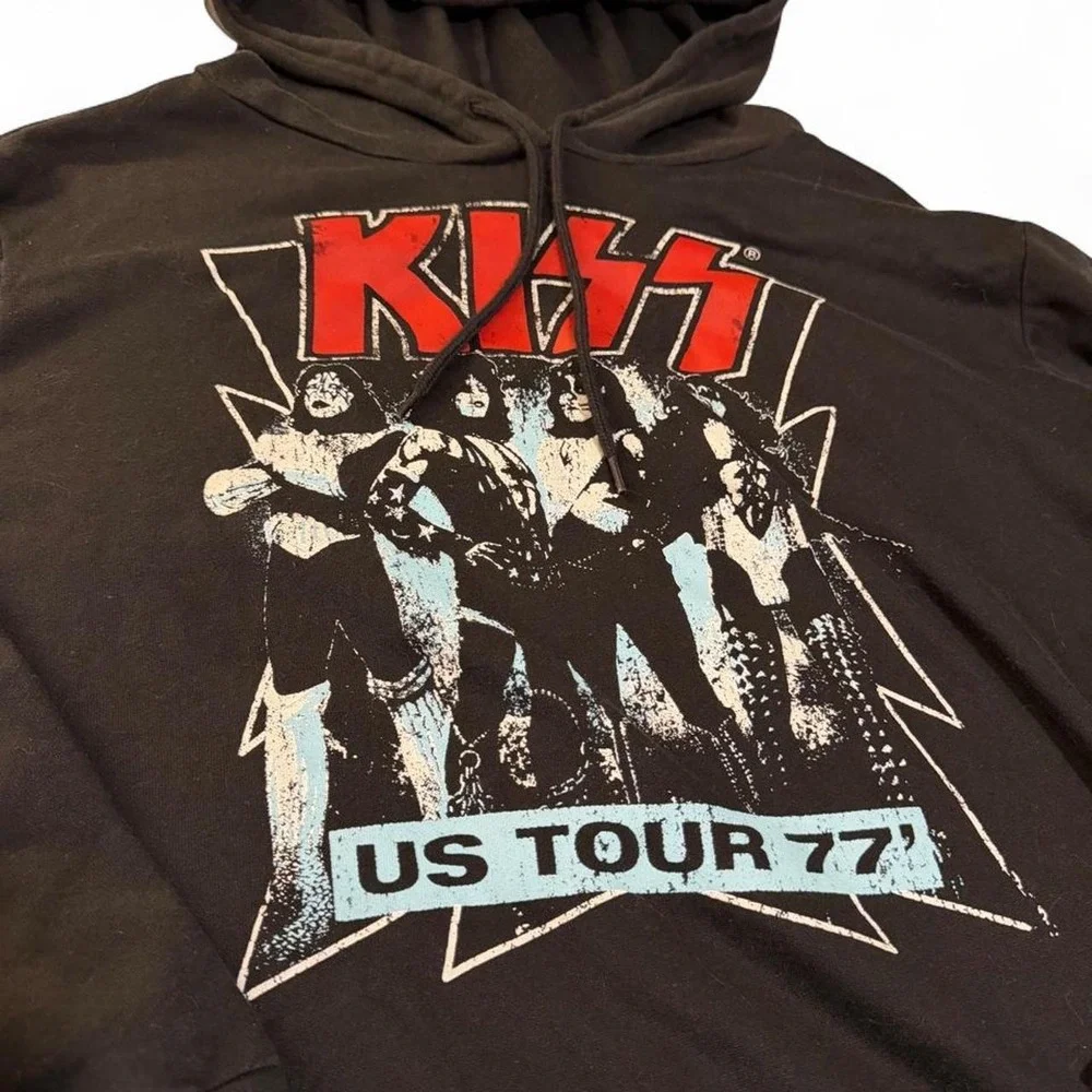 KISS US Tour 77 Graphic Hoodie Black Mens XL Rock Band Pullover Sweatshirt